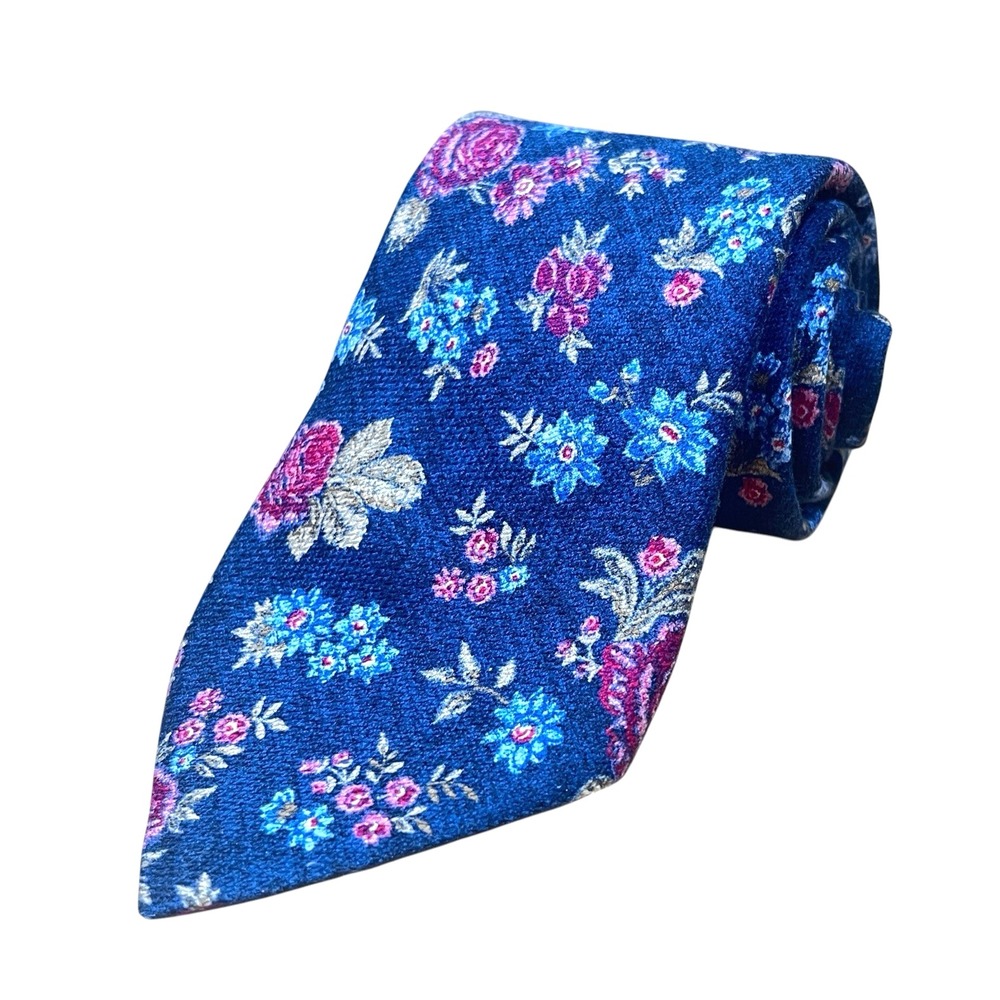 Edward Armah Extra Long Necktie 100% Silk Navy Diamante Print Florals Italy Made